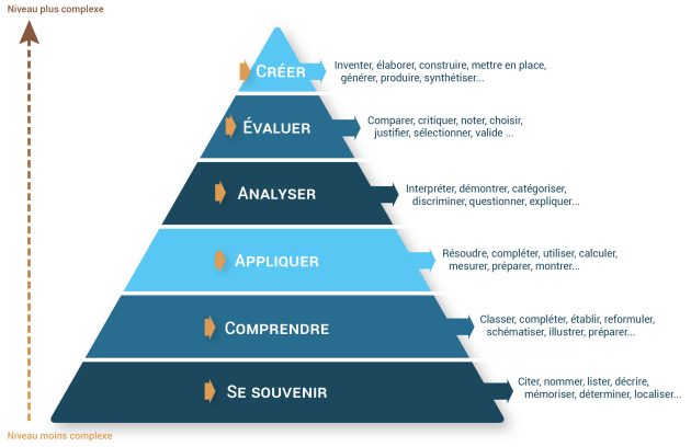 Taxonomie de Bloom révisée + verbes d'action à côté des niveaux